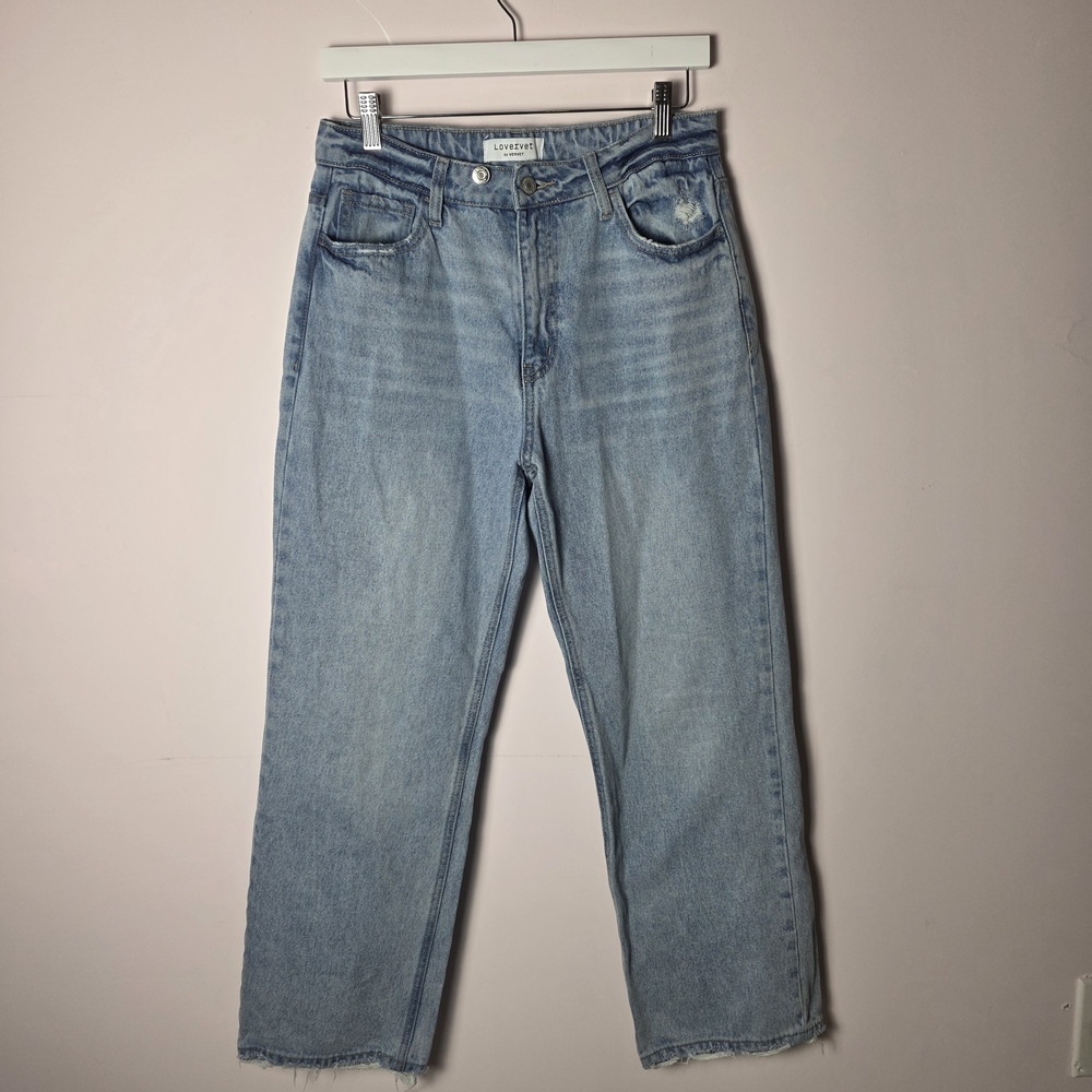 Lovervet by Vervet High Rise Straight Leg Jeans 28 Light Wash Raw Hem Distressed
